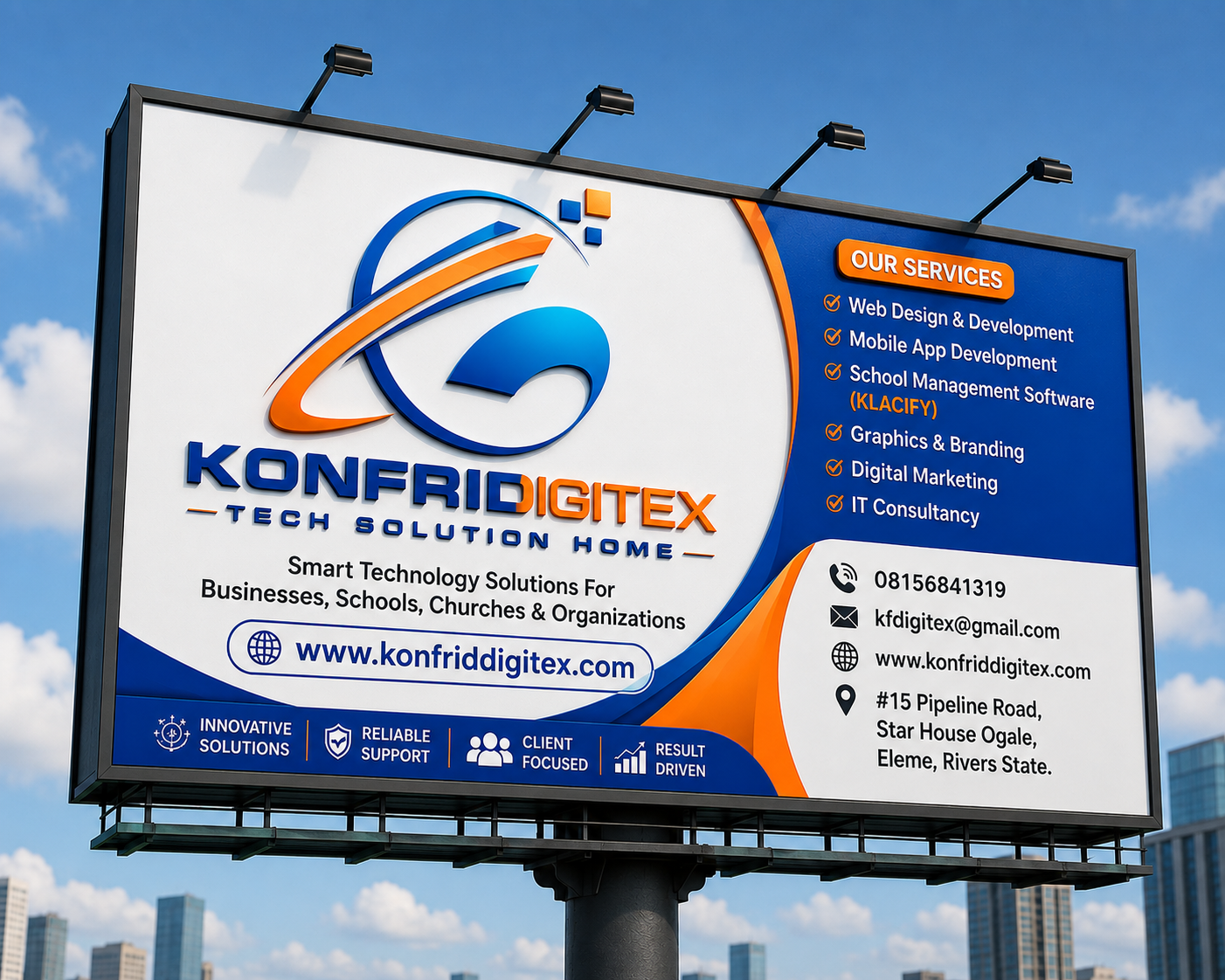 KONFRID DIGITEX billboard listing web design, mobile apps, KLACIFY school software, branding, digital marketing and IT consultancy