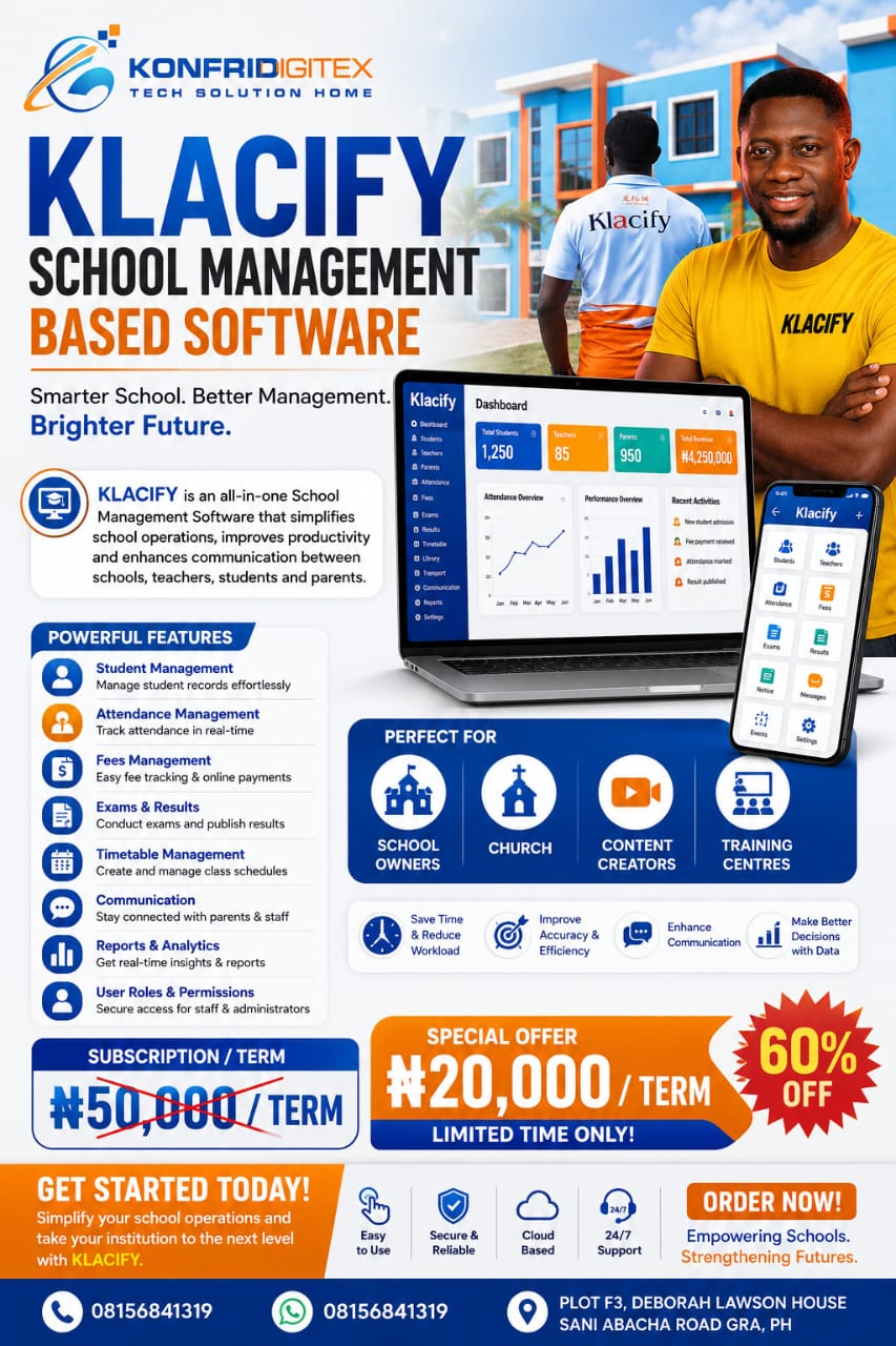 KLACIFY school management software flyer showing dashboard, mobile app and feature list